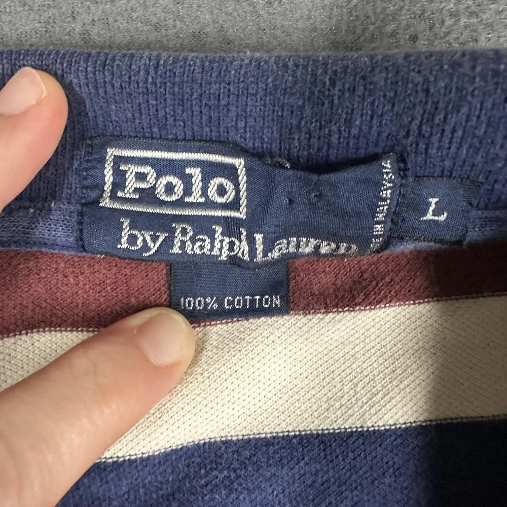 Polo Ralph Lauren Polo Shirt Mens Large Navy Burgundy Stripe Pony‎ Logo Cotton